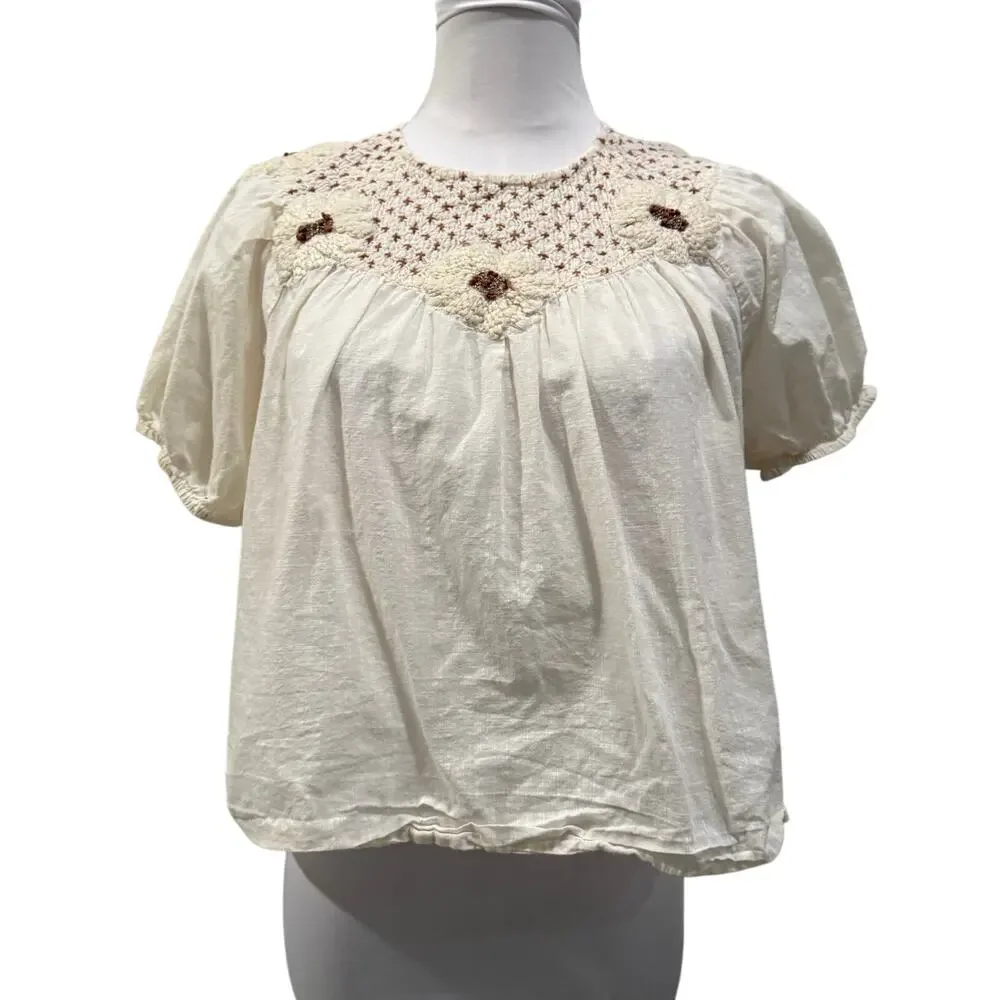 Anthropologie Cream Floral Embroidered Cotton Peasant Blouse Small Boho Cottage